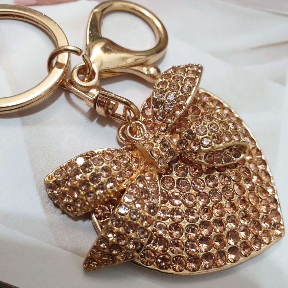 Women Crystals Gold Heart Key Chain Key Ring Handbag Purse Pendant Accessory